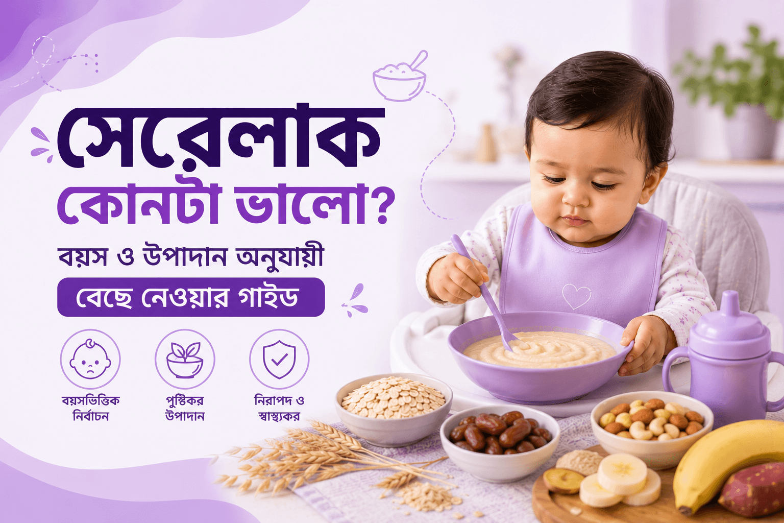 সেরেলাক কোনটা ভালো — মা বাবুকে বাটিতে ঘন সিরিয়াল খাওয়াচ্ছেন, পাশে দুই ধরনের বেবি সিরিয়ালের প্যাকেট